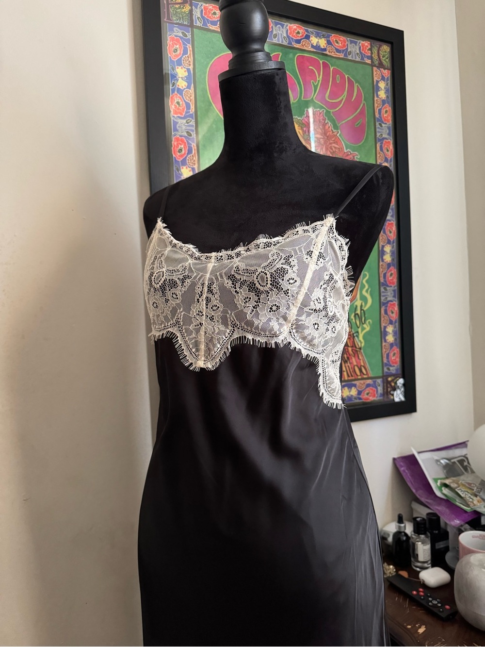 wild fable Black Satin Chemise with White Lace Bodice